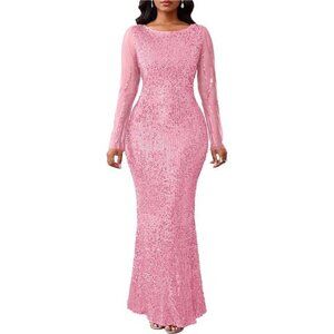 Women's Sequins Round Neck Long Sleeve Maxi Dress pink